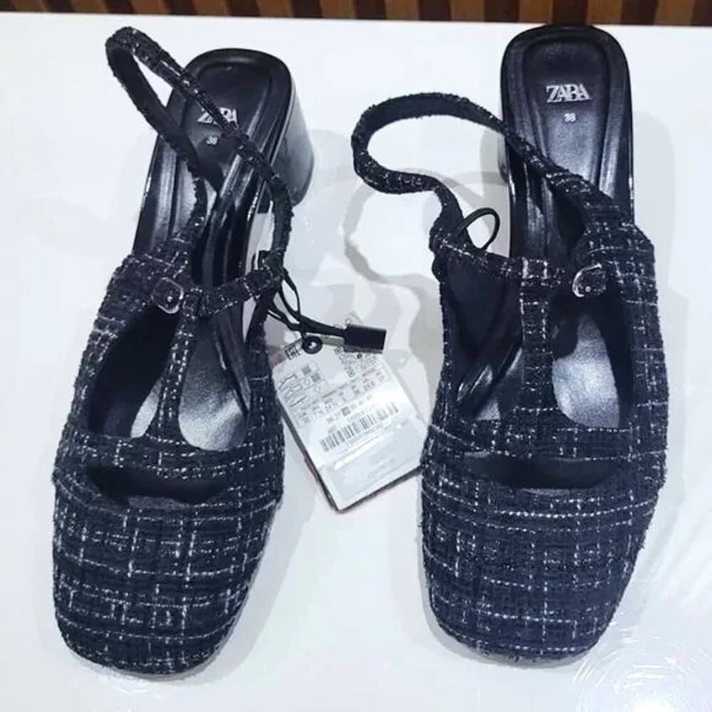 ZARA Textured Slingbacks NWT 🖤 Tweed Fabric Block Heel Size 7.5 8 - Picture 12 of 16